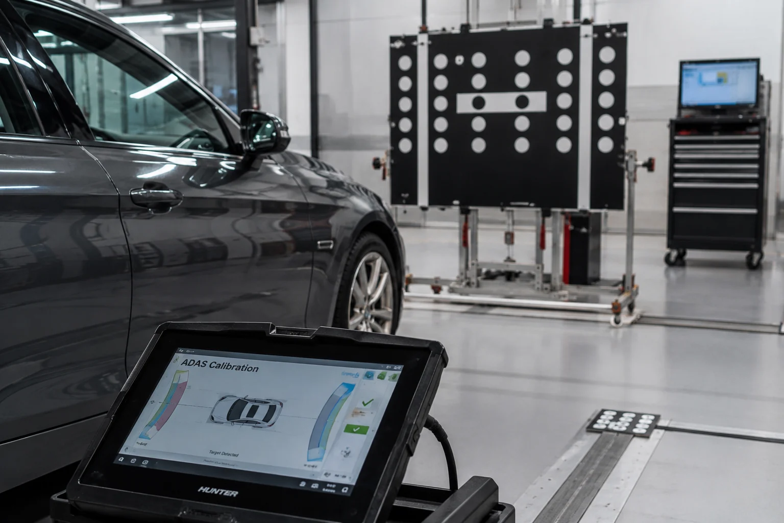 ADAS calibration target board and Hunter scan tablet set up next to a BMW sedan