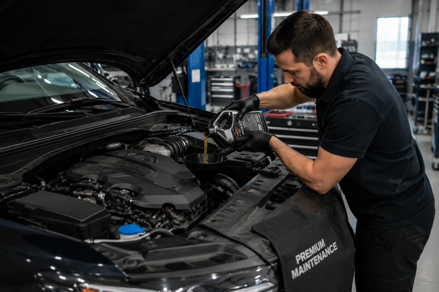 Technician performing premium oil service on a luxury vehicle