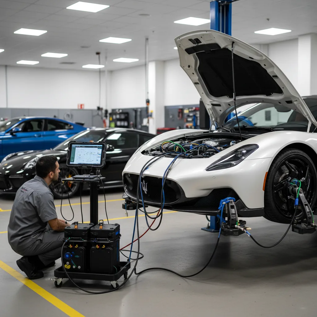 Technician running a car diagnostic scan on a vehicle at Car Geeks Collision in Hollywood, Florida