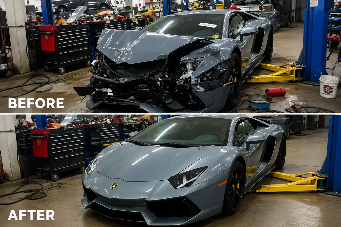 Before and after collision repair of a Lamborghini Aventador at Car Geeks Collision