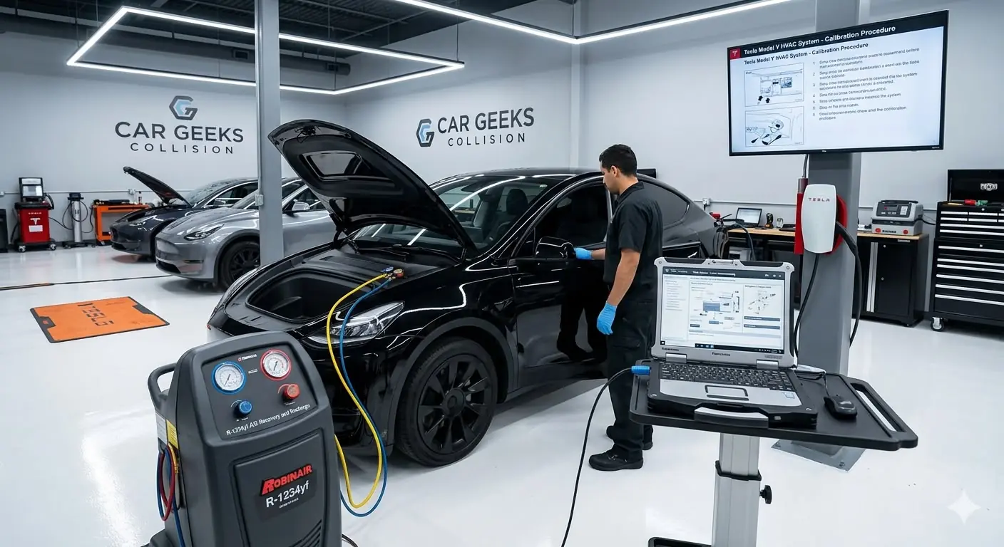 Tesla Model Y EV battery and HVAC service at Car Geeks Collision