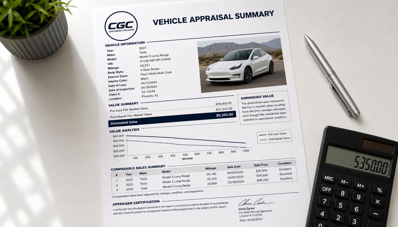 Vehicle appraisal summary with Car Geeks Collision logo
